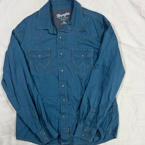 Wrangler Retro Premium Western Snap Shirt Teal Blue XL Contrast Stitch